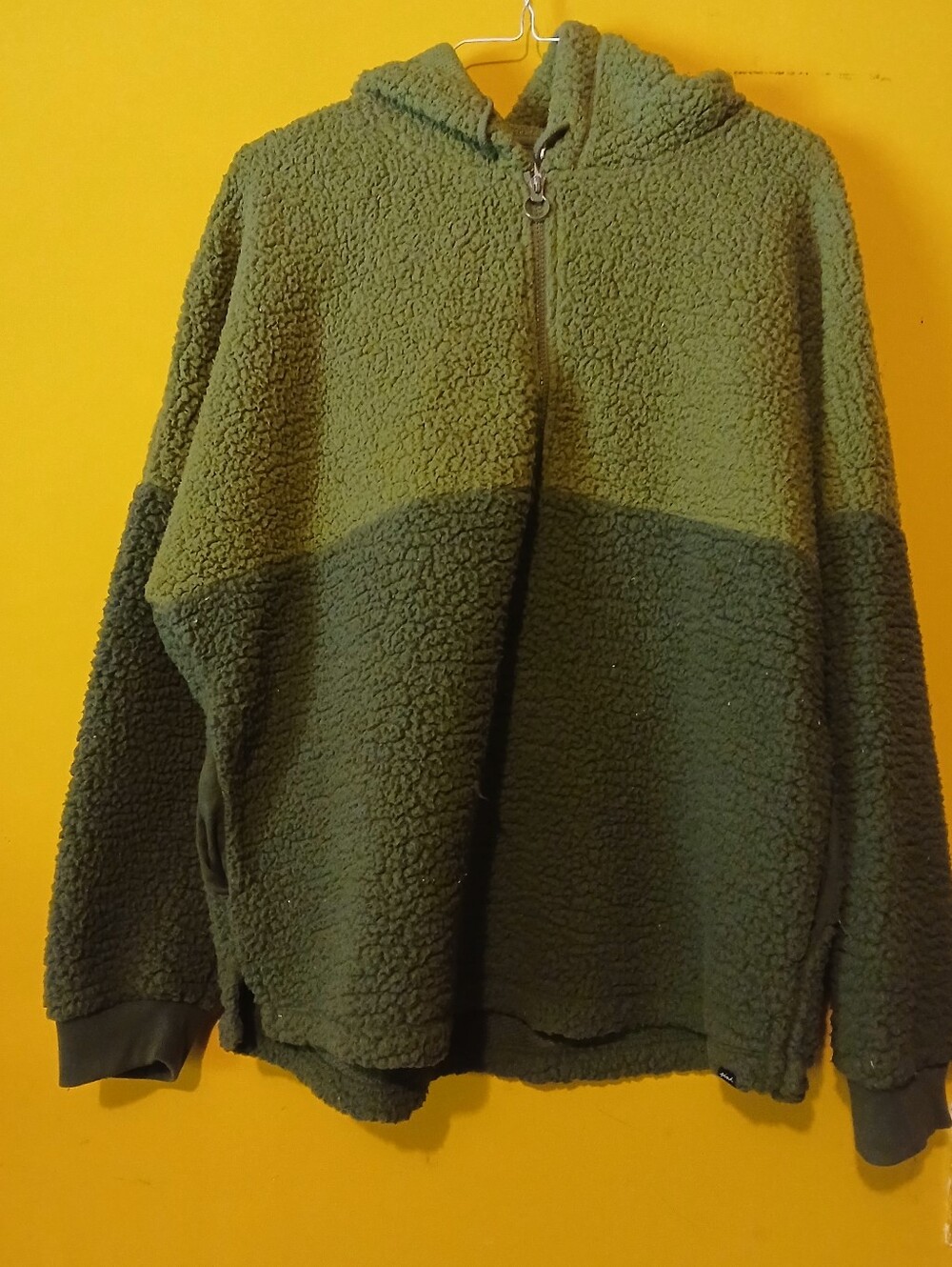 PINK Victoria's Secret Two-Tone Olive Green Sherpa Zip Hoodie